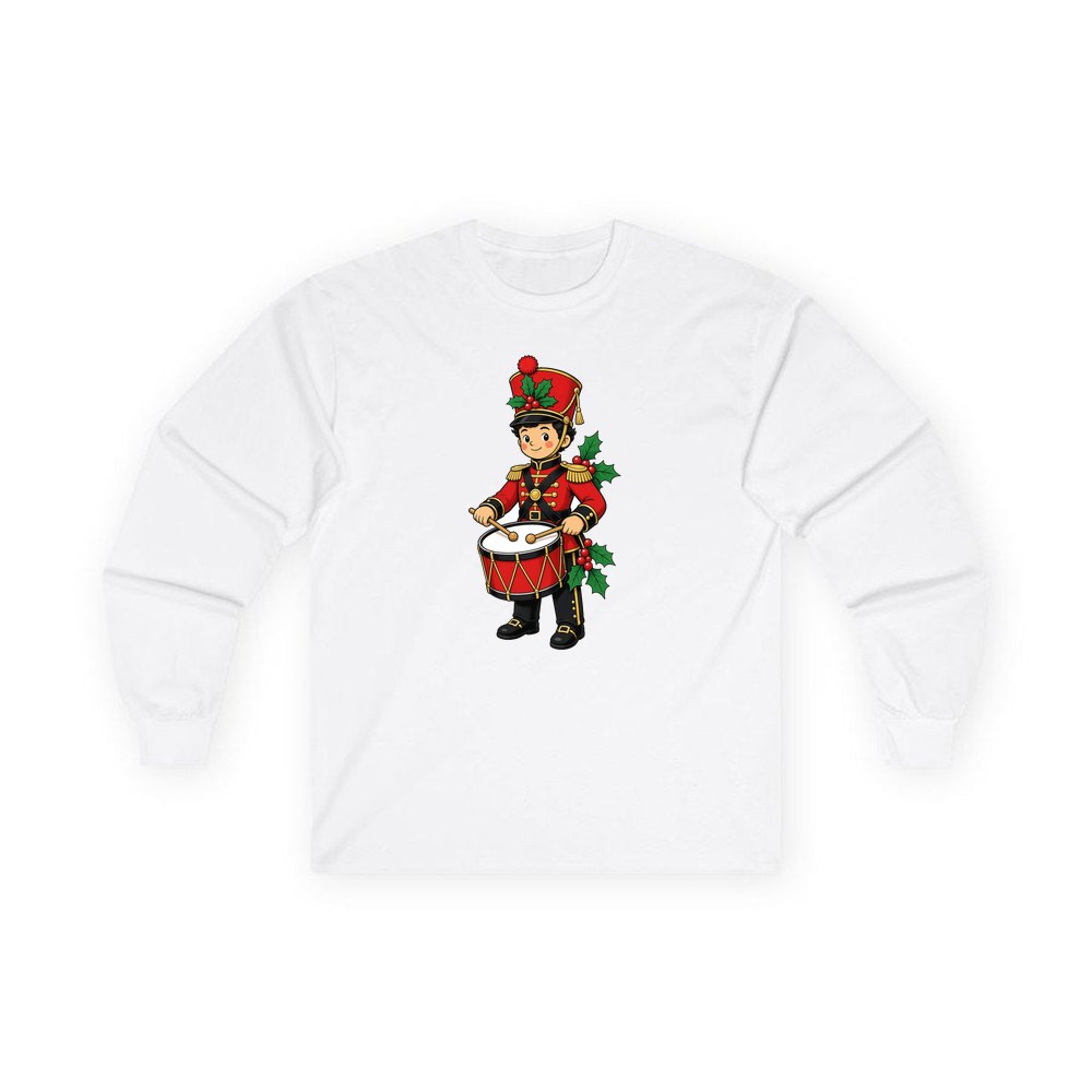 Little Christmas Drummer Boy personalised long sleeve Christmas T-shirt in white
