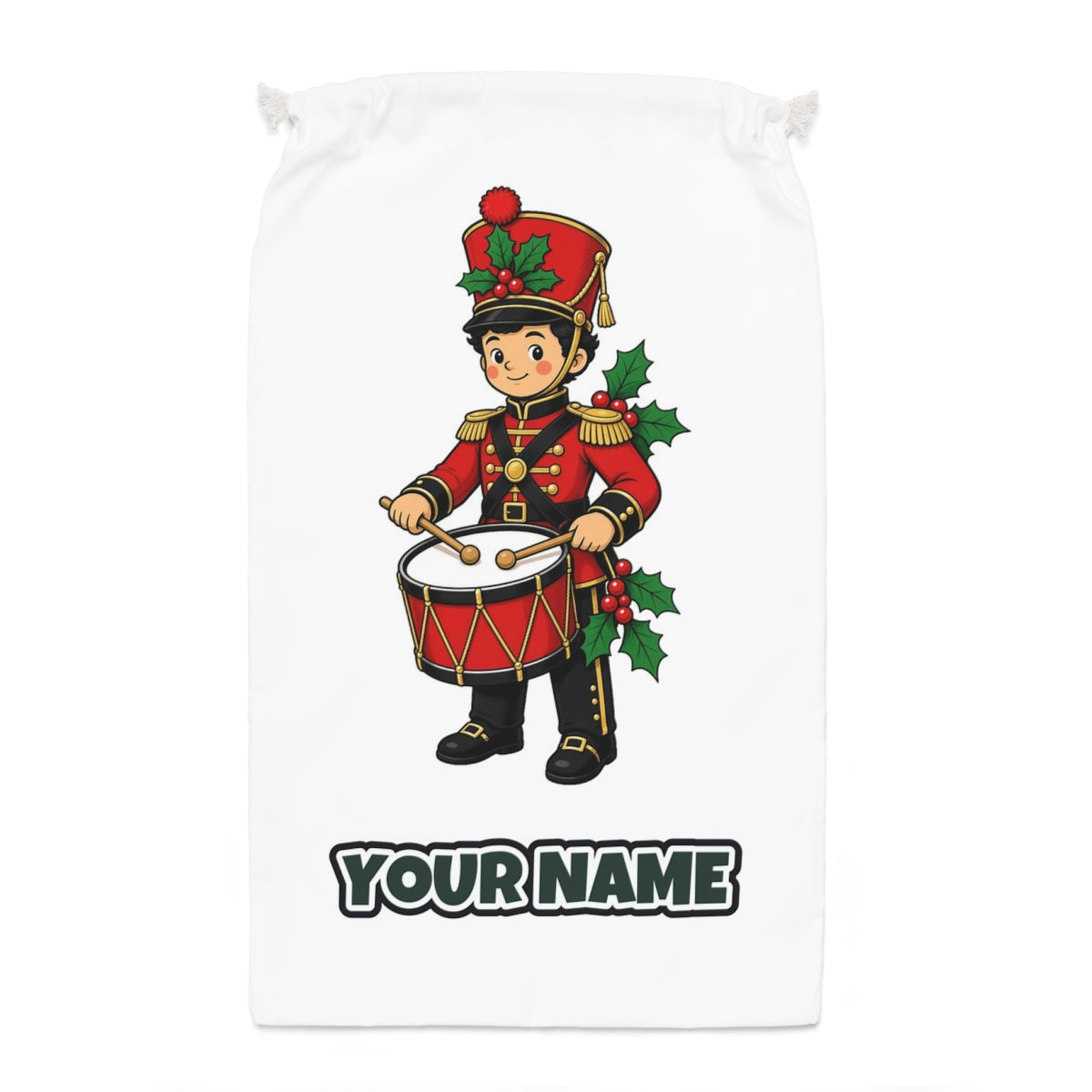 Little Christmas Drummer Boy Santa sack laid flat, showing the full print