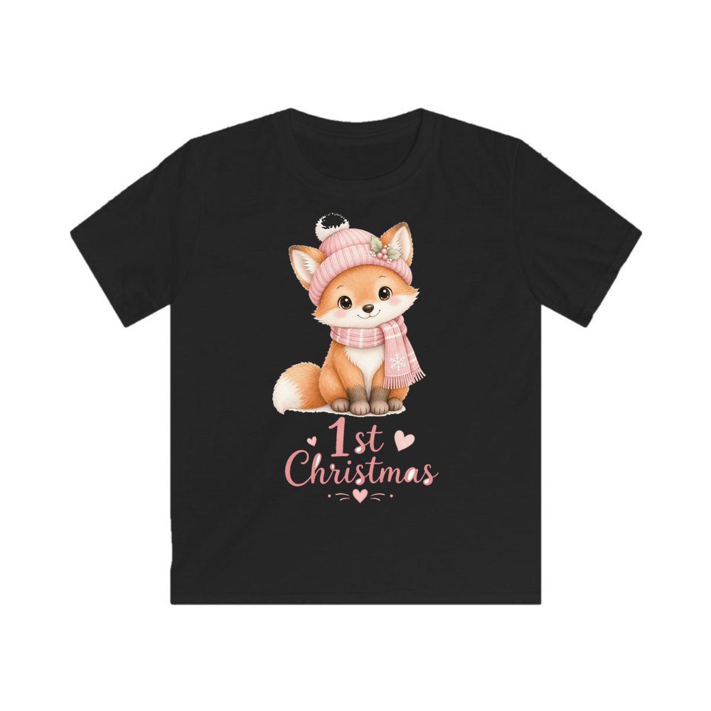 Little Fox First Christmas personalised kids Christmas tee in black