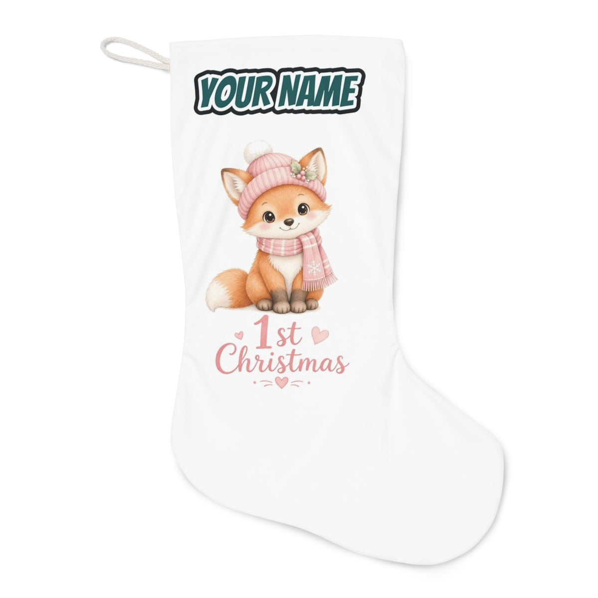 Little Fox First Christmas Christmas stocking laid flat, showing the full print
