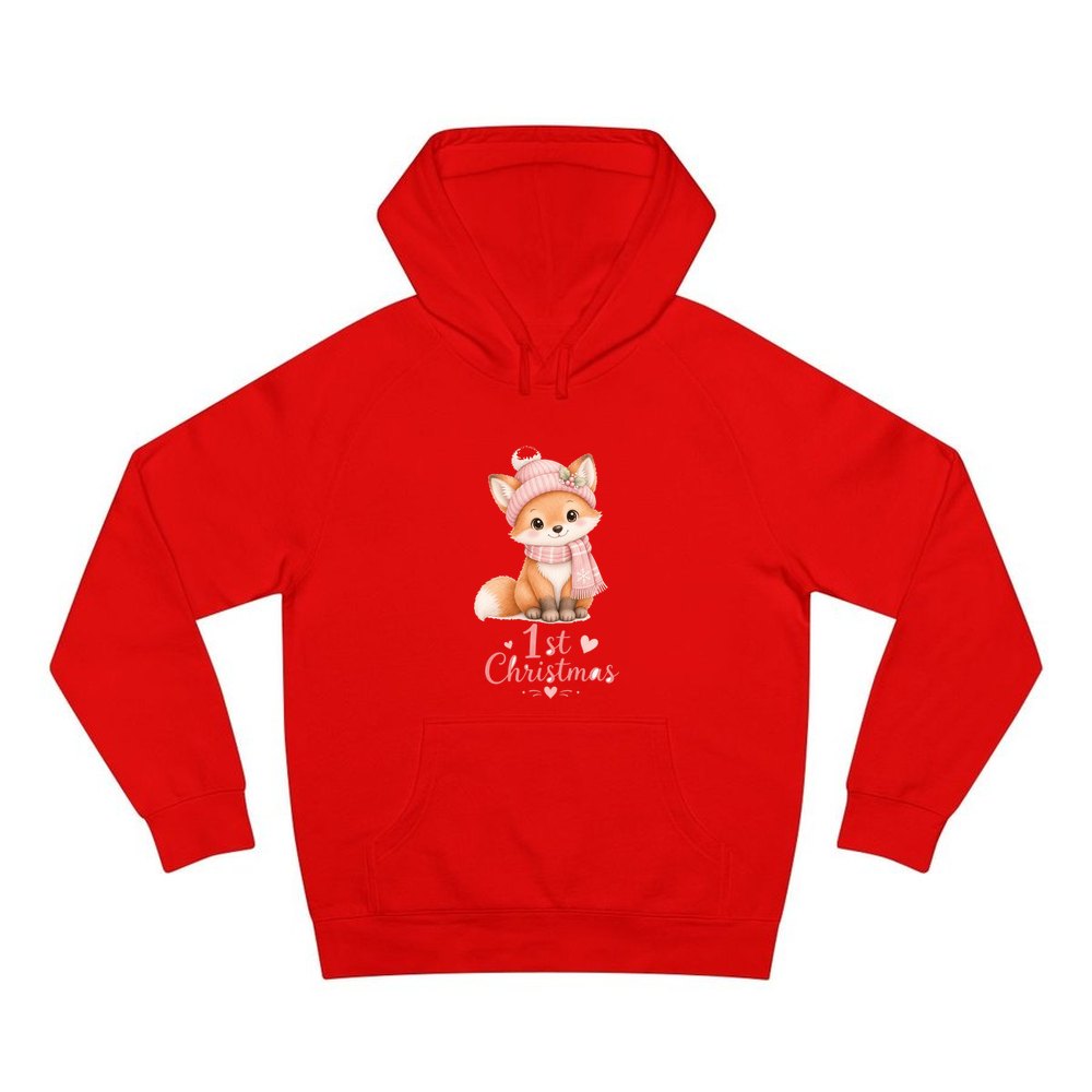 Little Fox First Christmas personalised Christmas hoodie in red