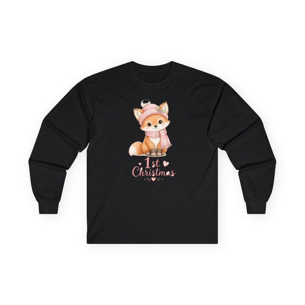 Little Fox First Christmas personalised long sleeve Christmas T-shirt in black