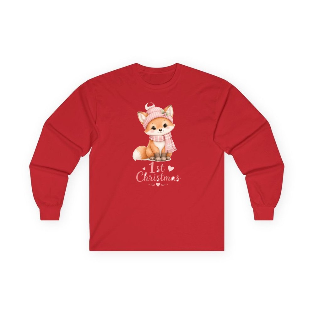 Little Fox First Christmas personalised long sleeve Christmas T-shirt in red