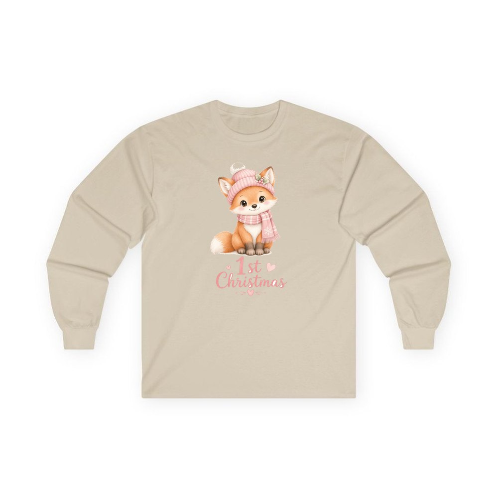 Little Fox First Christmas personalised long sleeve Christmas T-shirt in sand