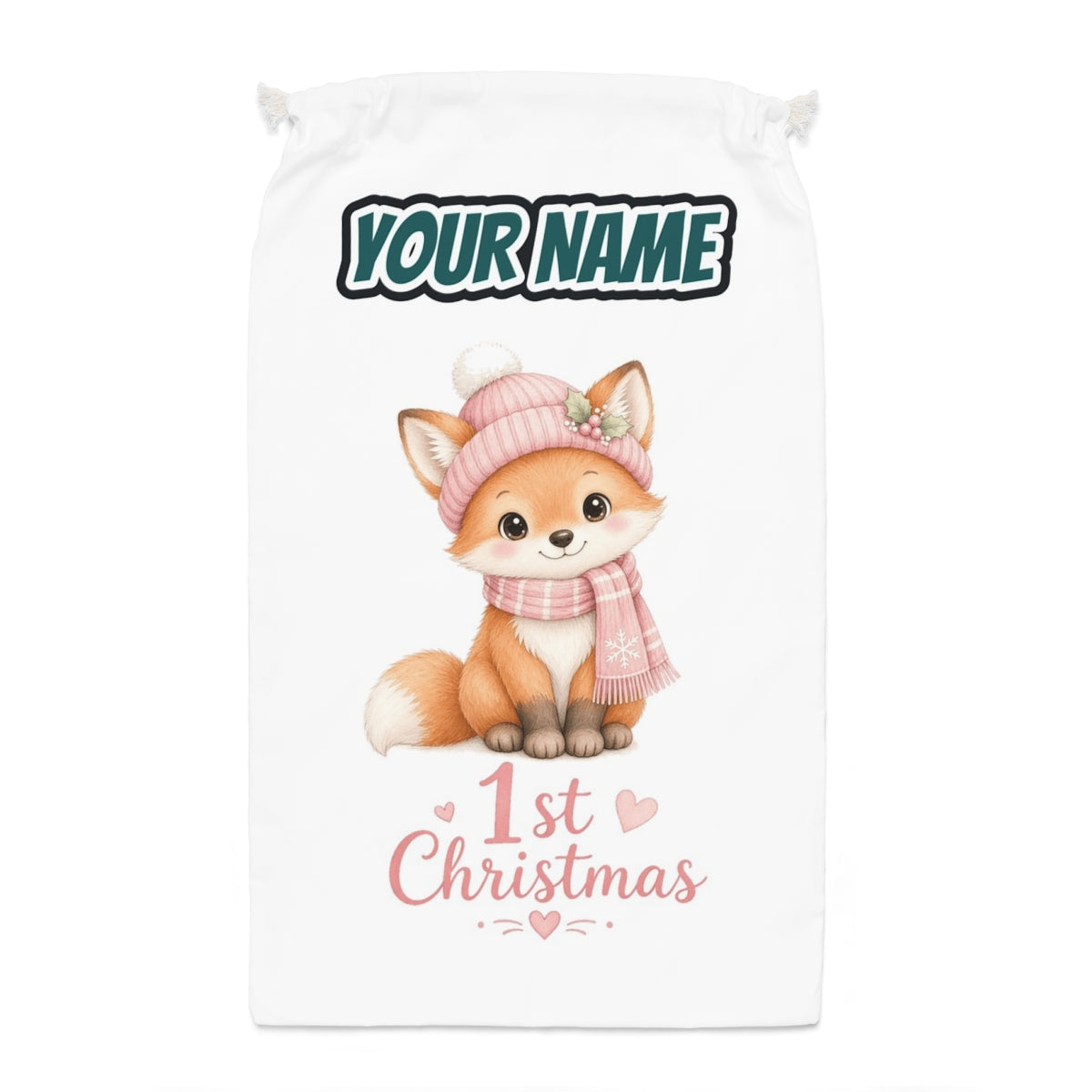 Little Fox First Christmas Santa sack laid flat, showing the full print