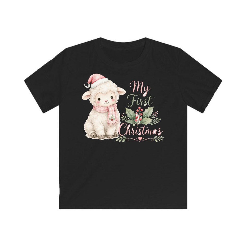 Little Lamb First Christmas personalised kids Christmas tee in black