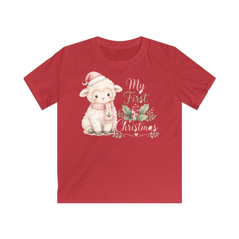 Little Lamb First Christmas personalised kids Christmas tee in red