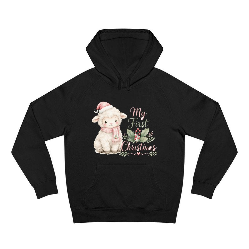 Little Lamb First Christmas personalised Christmas hoodie in black