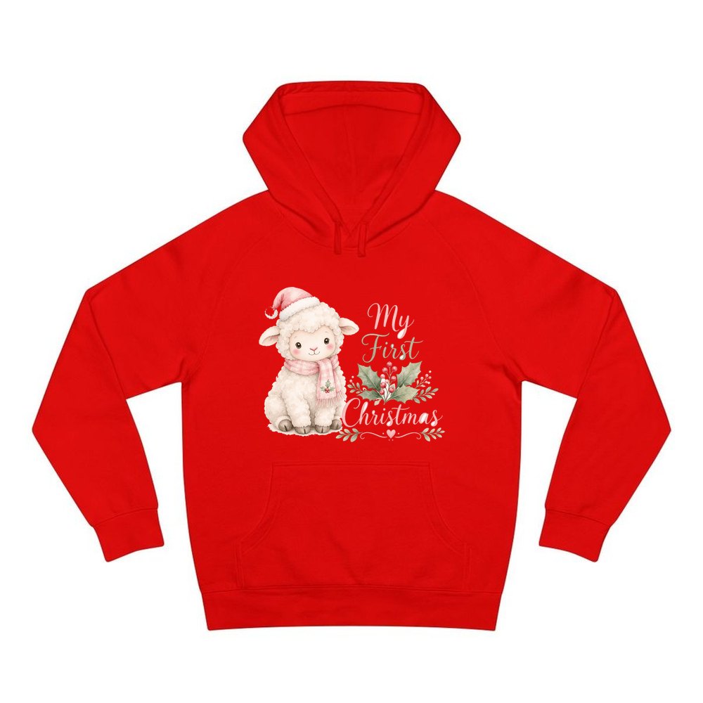 Little Lamb First Christmas personalised Christmas hoodie in red