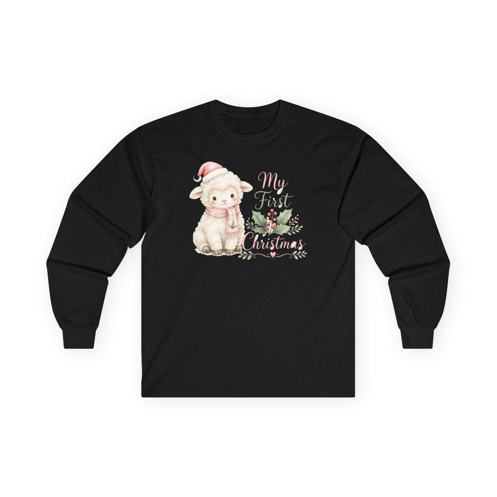 Little Lamb First Christmas personalised long sleeve Christmas T-shirt in black