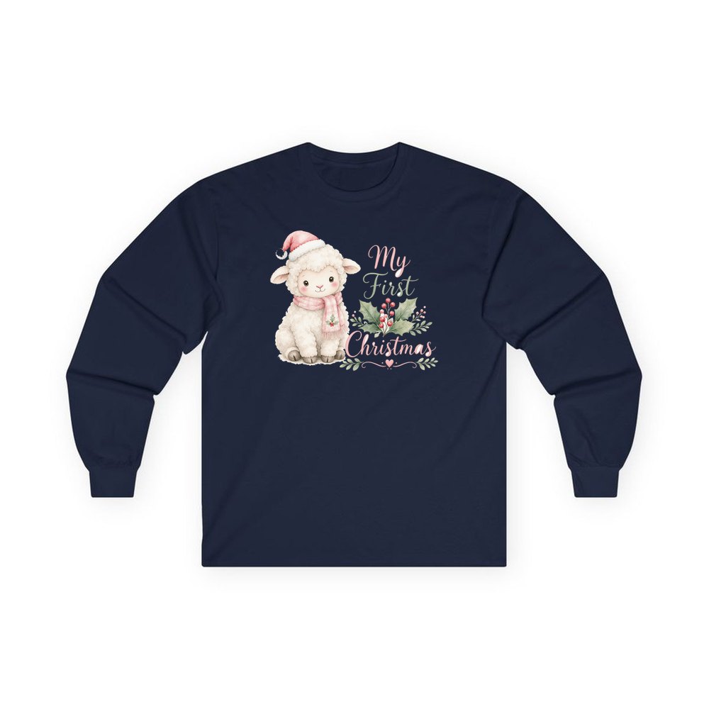 Little Lamb First Christmas personalised long sleeve Christmas T-shirt in navy