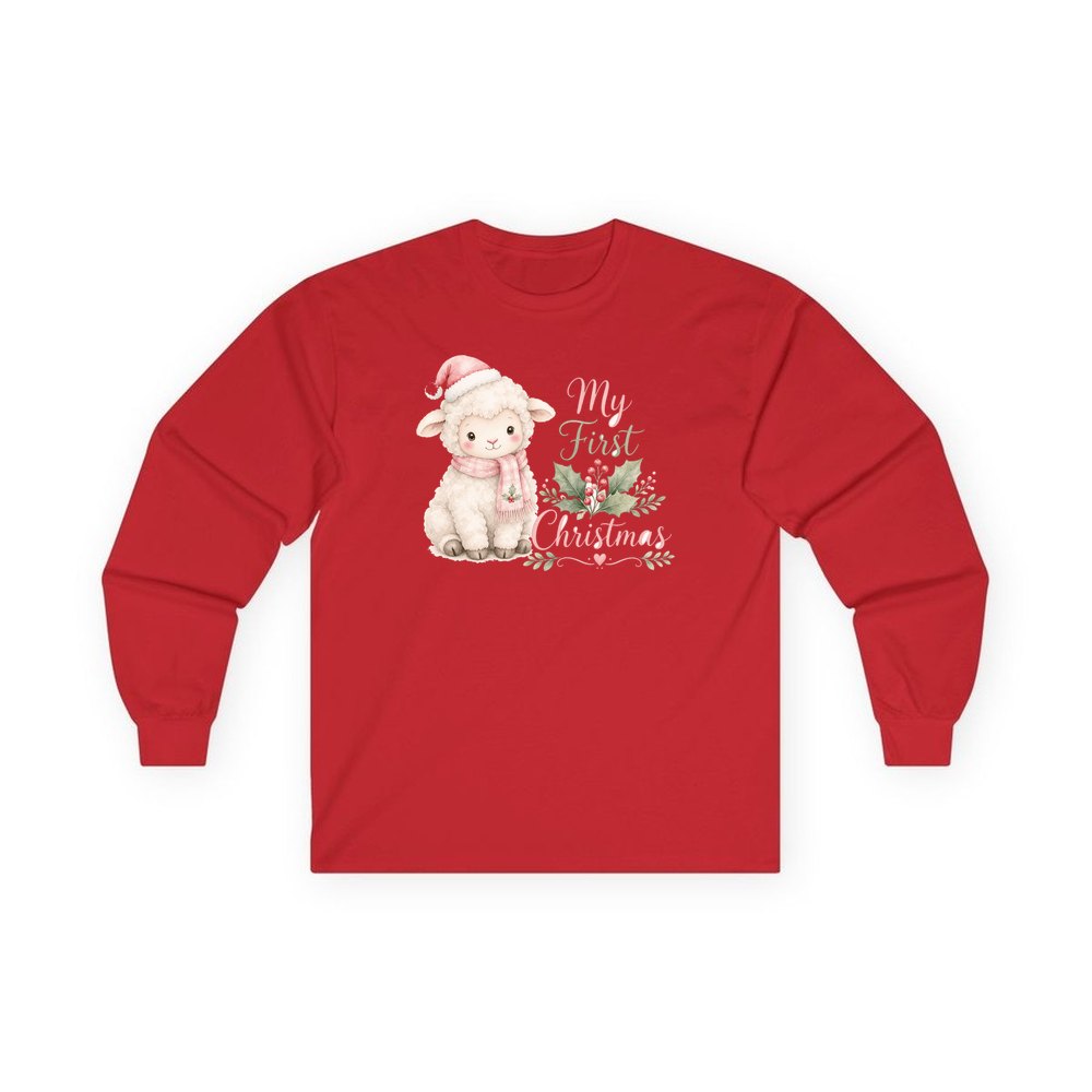 Little Lamb First Christmas personalised long sleeve Christmas T-shirt in red