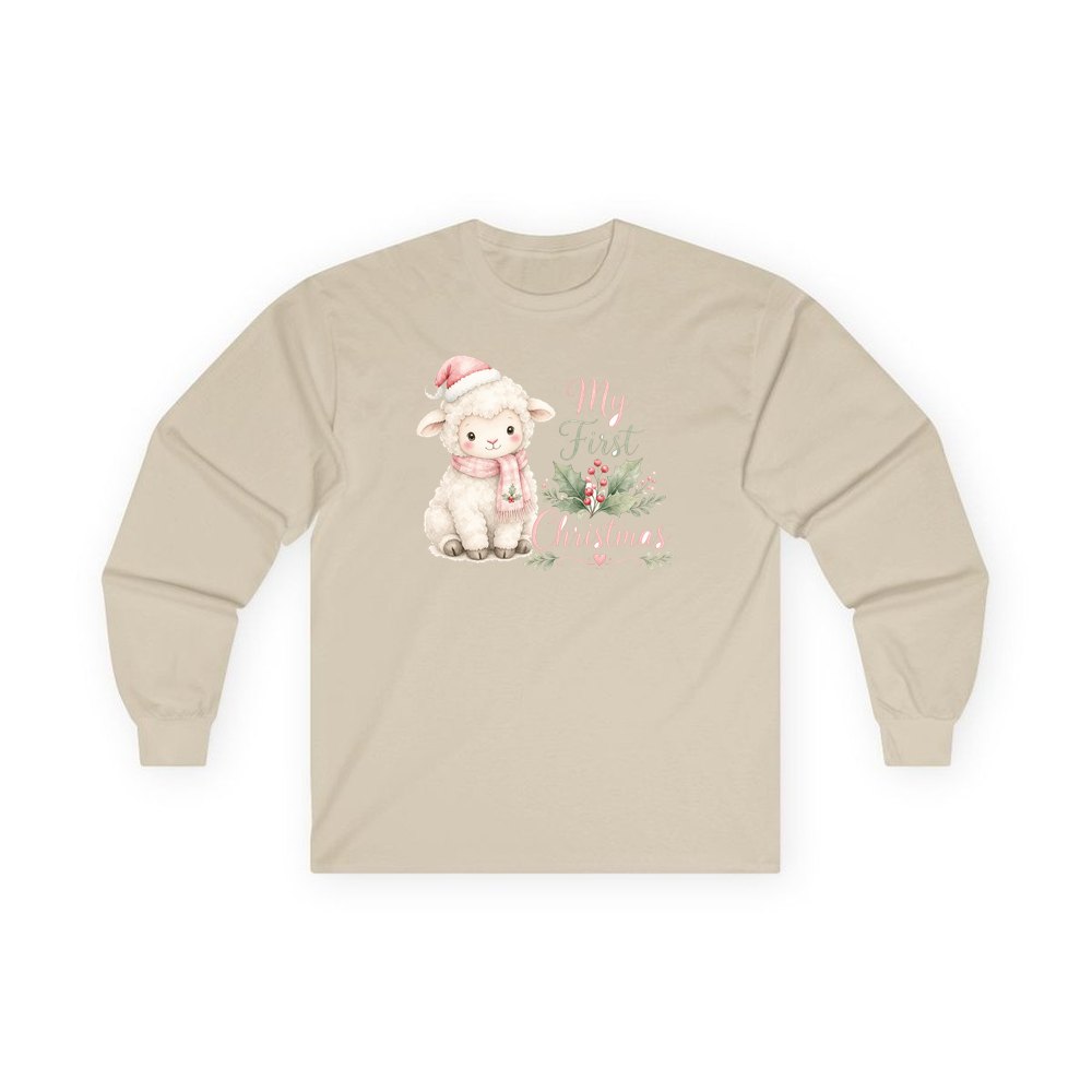 Little Lamb First Christmas personalised long sleeve Christmas T-shirt in sand