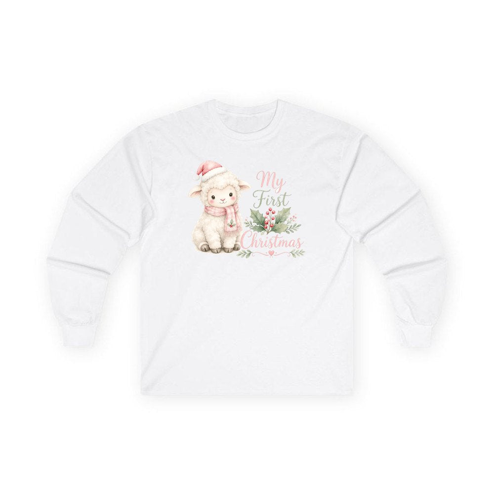 Little Lamb First Christmas personalised long sleeve Christmas T-shirt in white