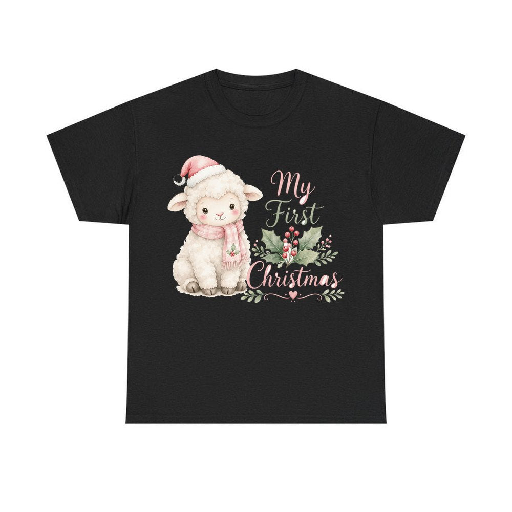Little Lamb First Christmas personalised Christmas T-shirt in black