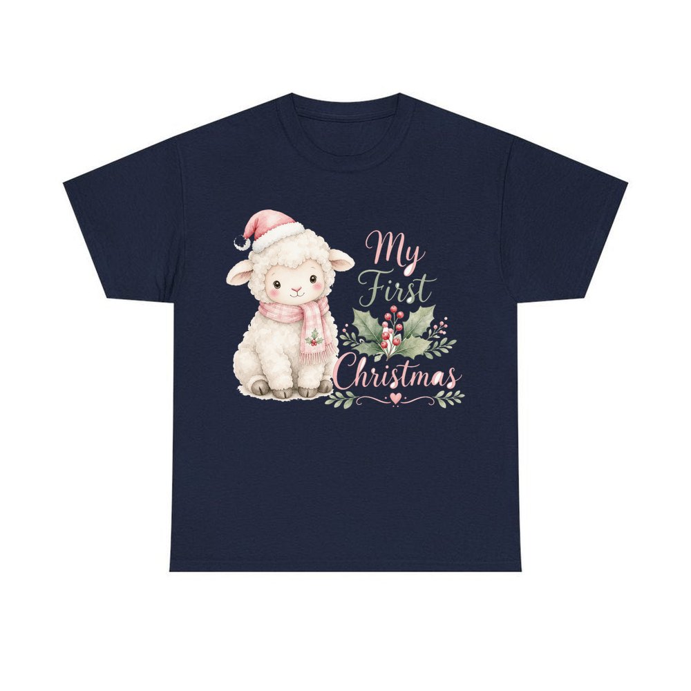 Little Lamb First Christmas personalised Christmas T-shirt in navy