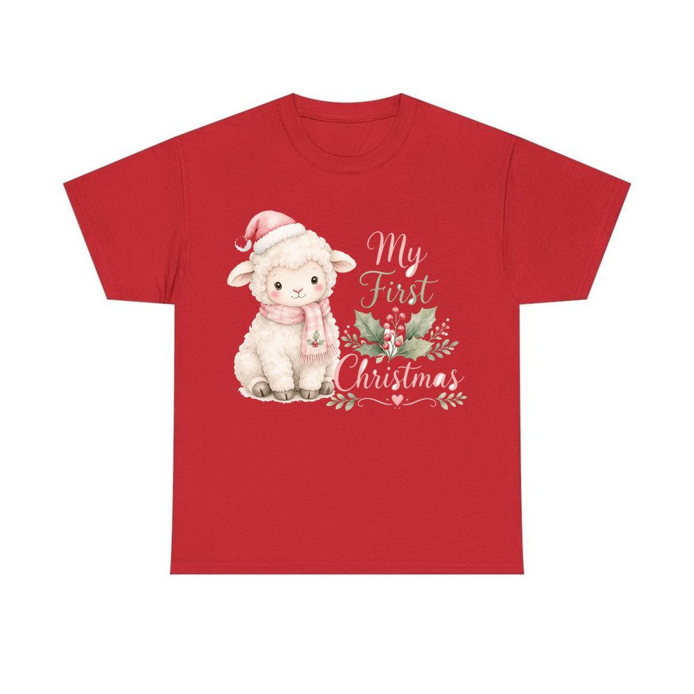 Little Lamb First Christmas personalised Christmas T-shirt in red