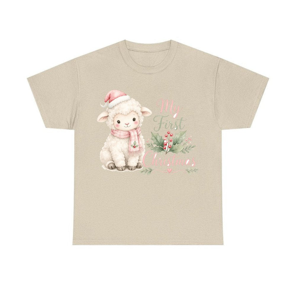 Little Lamb First Christmas personalised Christmas T-shirt in sand