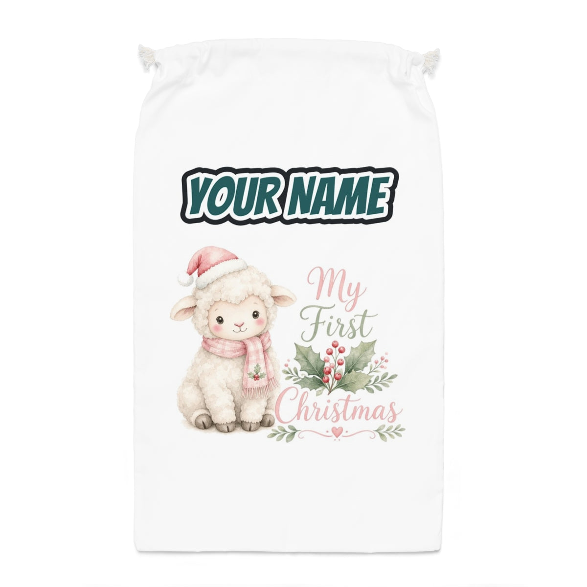 Little Lamb First Christmas Santa sack laid flat, showing the full print
