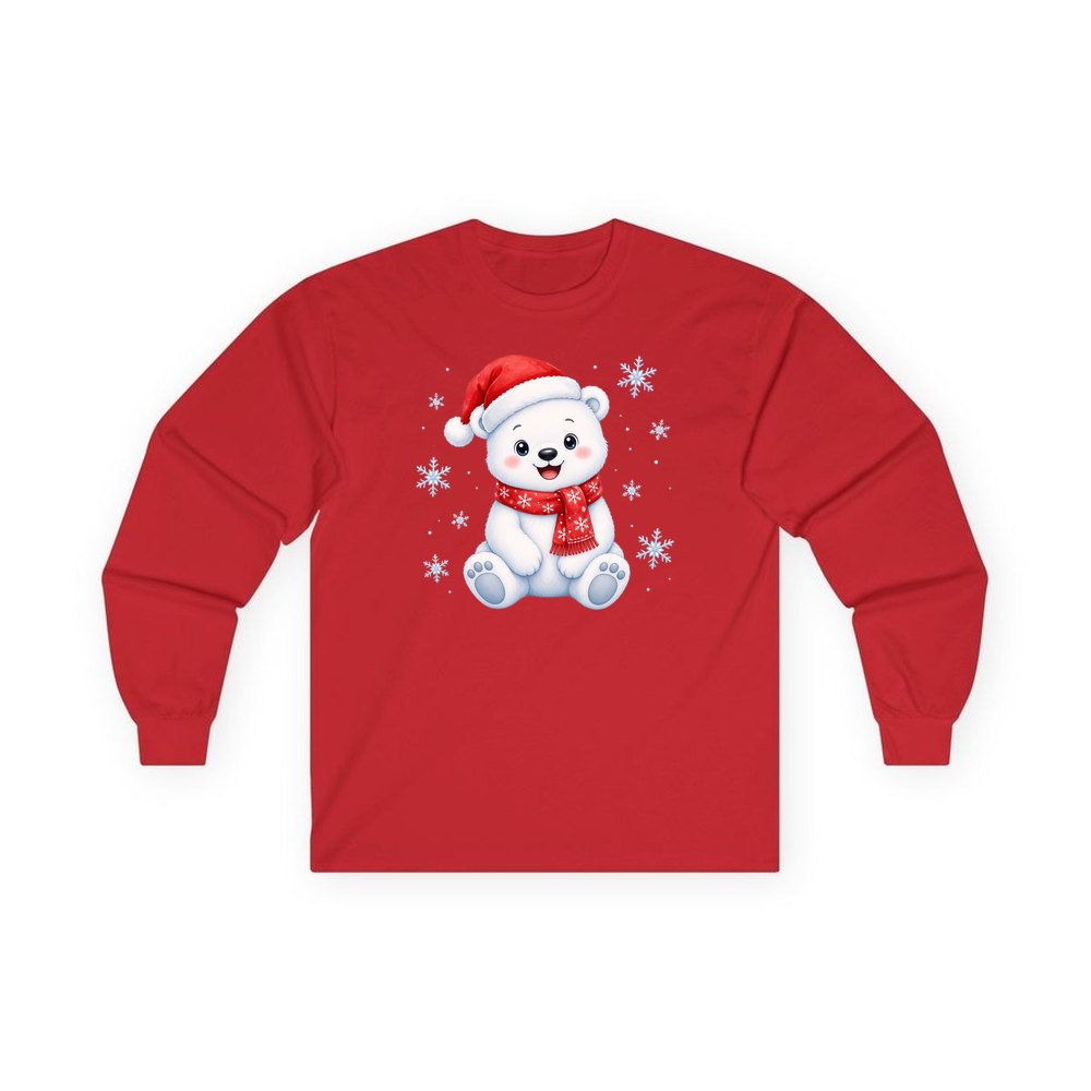 Little Polar Bear Cub personalised long sleeve Christmas T-shirt in red