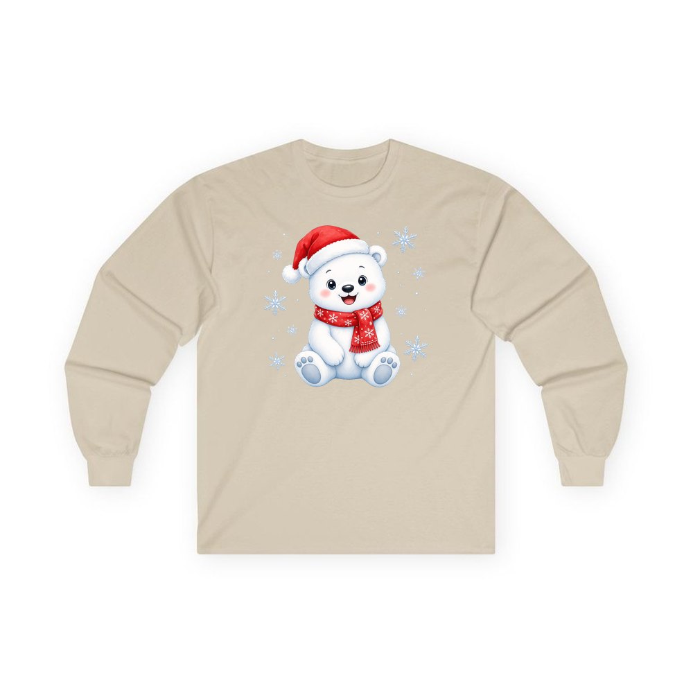 Little Polar Bear Cub personalised long sleeve Christmas T-shirt in sand