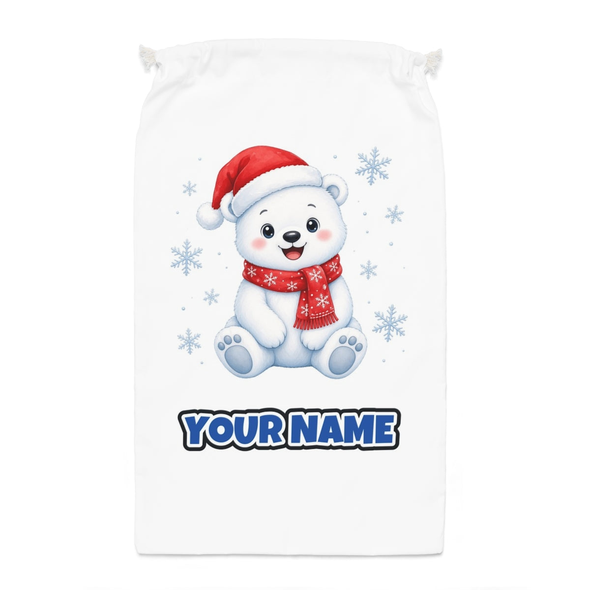 Little Polar Bear Cub Santa sack laid flat, showing the full print