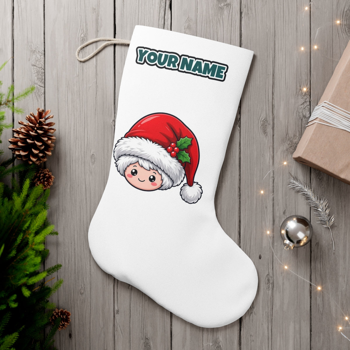Little Santa Hat Face personalised Christmas stocking, white, with the name across the top