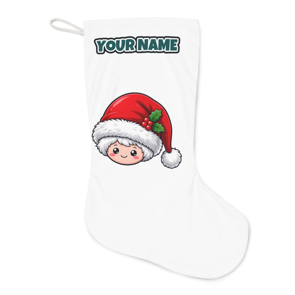 Little Santa Hat Face Christmas stocking laid flat, showing the full print