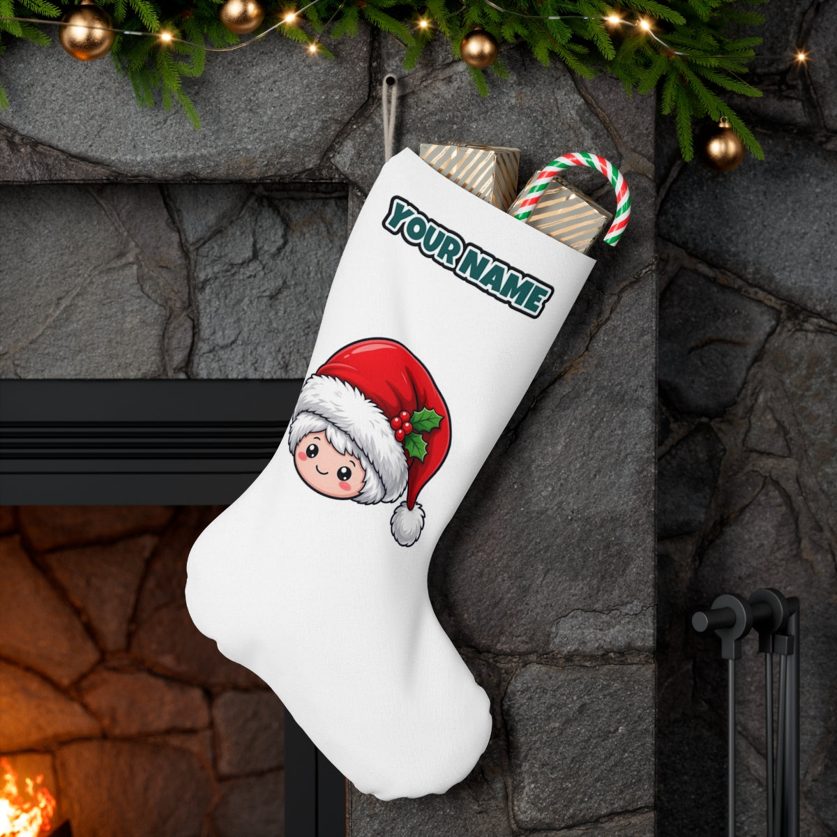 Little Santa Hat Face personalised Christmas stocking hanging on a mantel