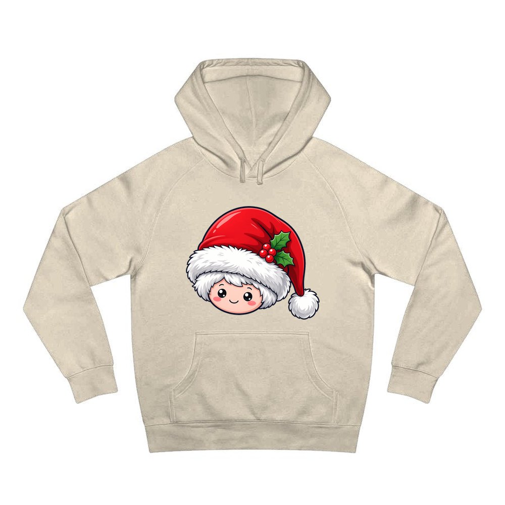 Little Santa Hat Face personalised Christmas hoodie in sand