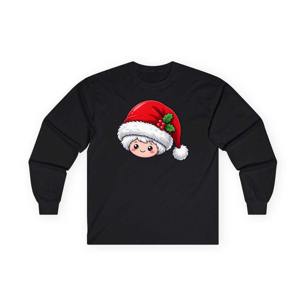 Little Santa Hat Face personalised long sleeve Christmas T-shirt in black