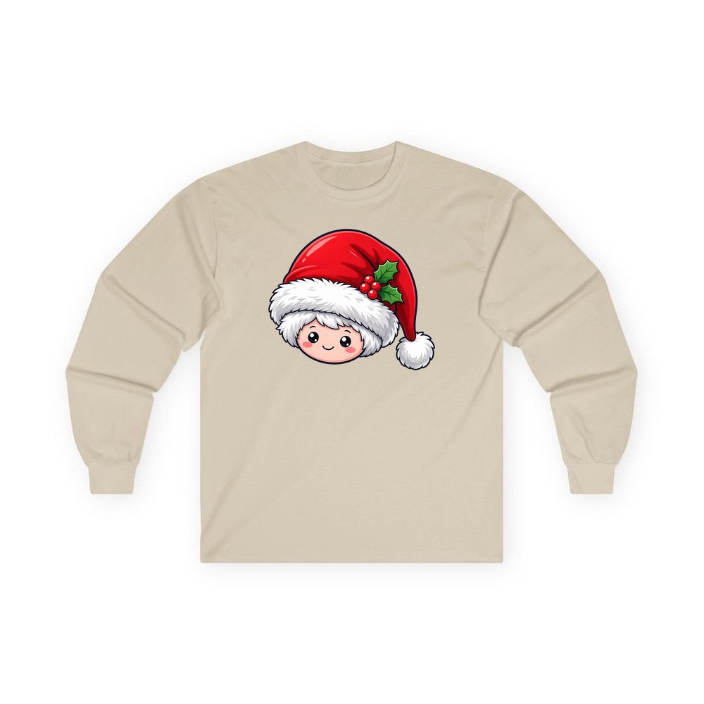 Little Santa Hat Face personalised long sleeve Christmas T-shirt in sand