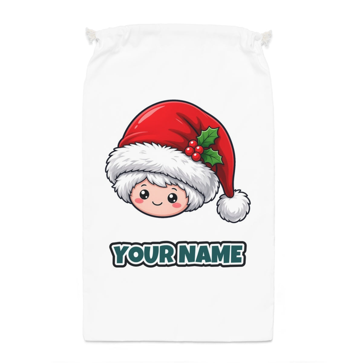Little Santa Hat Face Santa sack laid flat, showing the full print