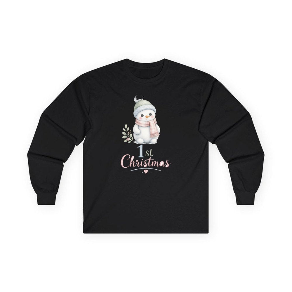 Little Snowman First Christmas personalised long sleeve Christmas T-shirt in black