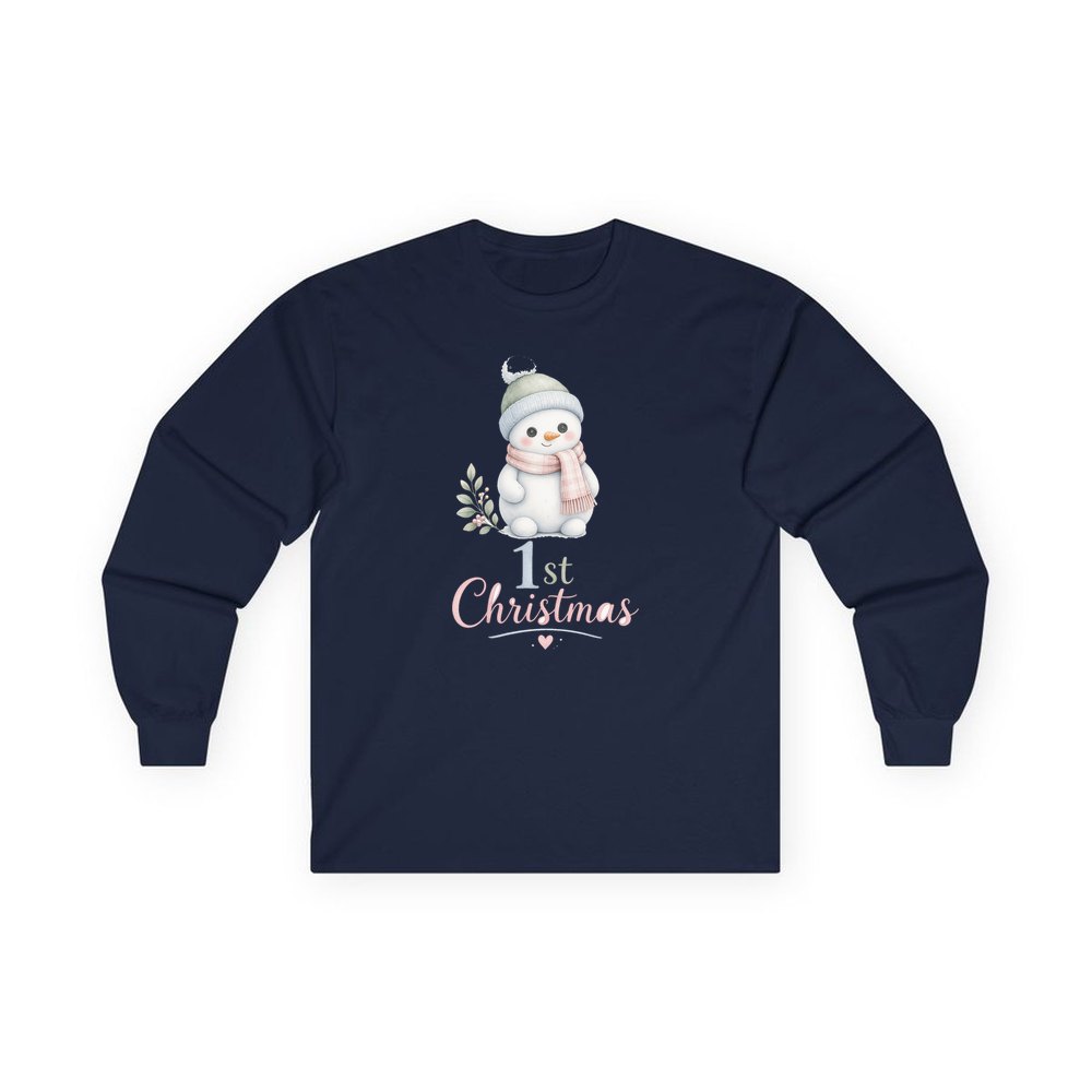 Little Snowman First Christmas personalised long sleeve Christmas T-shirt in navy