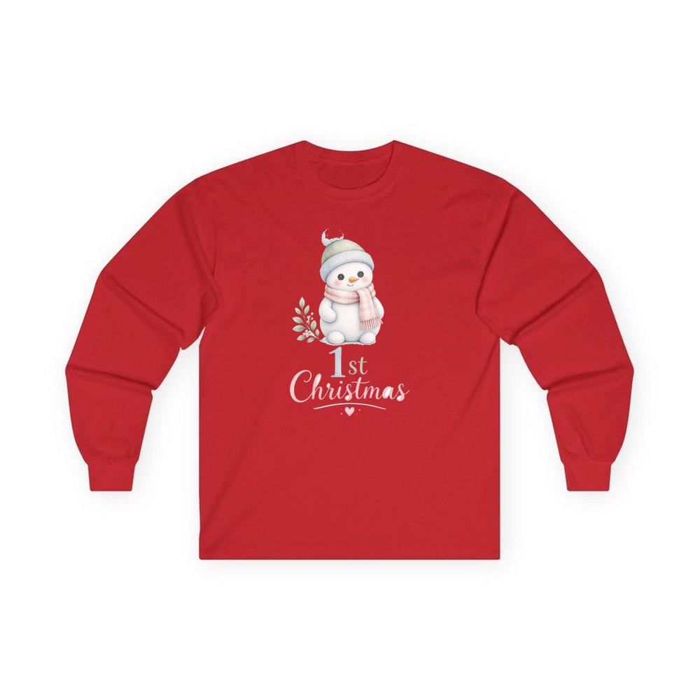 Little Snowman First Christmas personalised long sleeve Christmas T-shirt in red