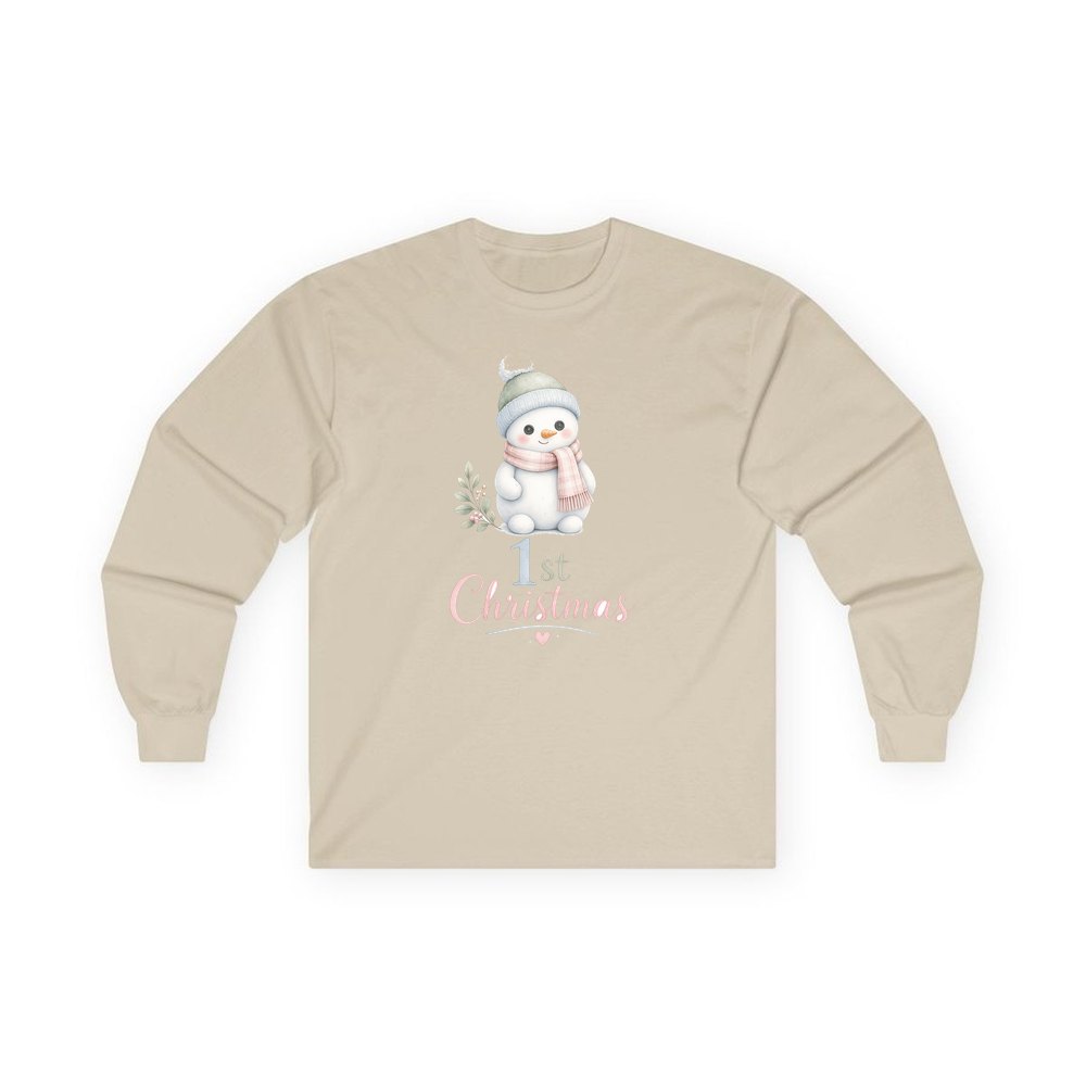 Little Snowman First Christmas personalised long sleeve Christmas T-shirt in sand