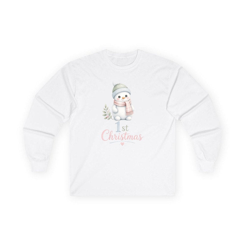Little Snowman First Christmas personalised long sleeve Christmas T-shirt in white
