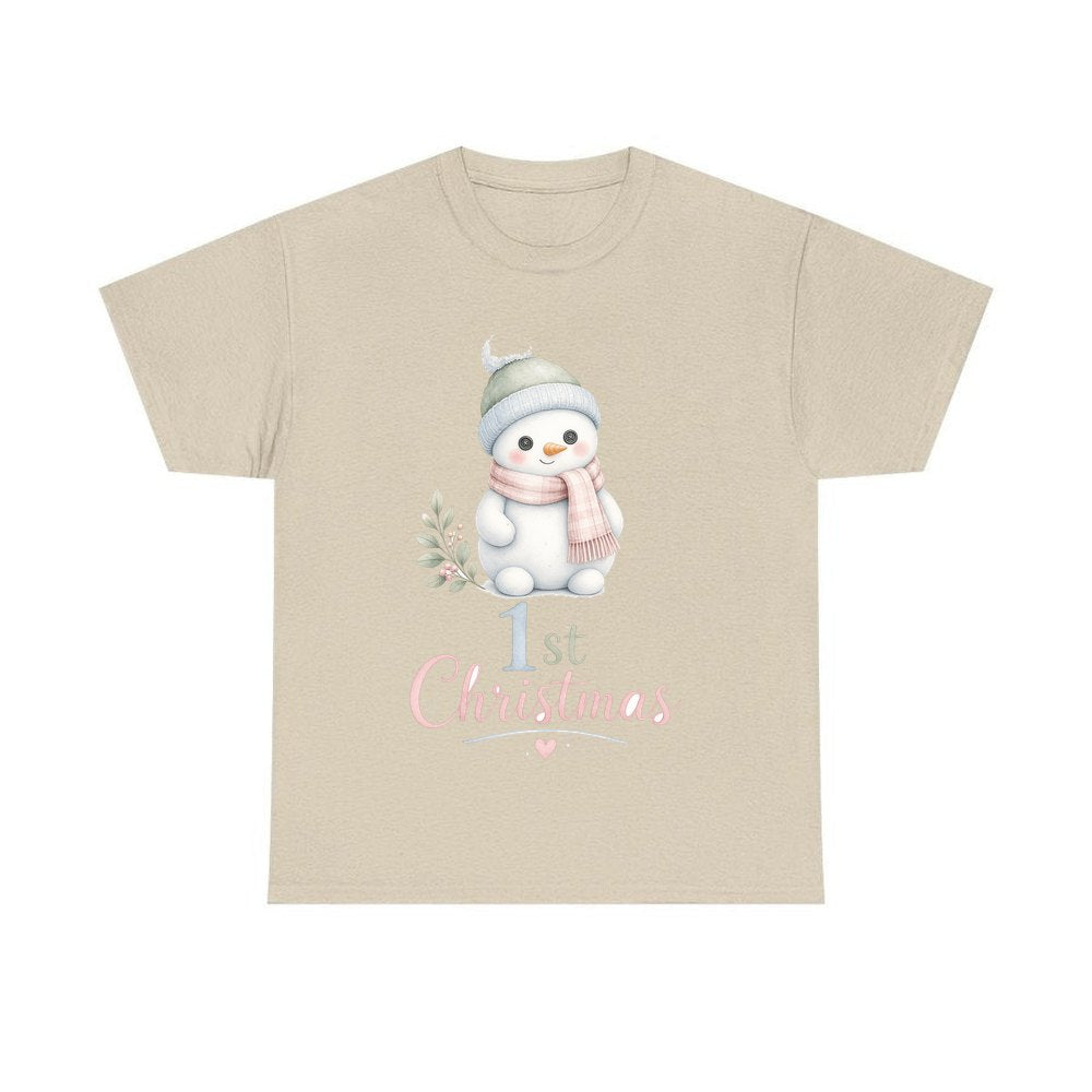 Little Snowman First Christmas personalised Christmas T-shirt in sand