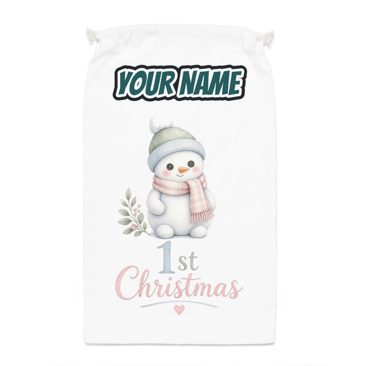 Little Snowman First Christmas Santa sack laid flat, showing the full print