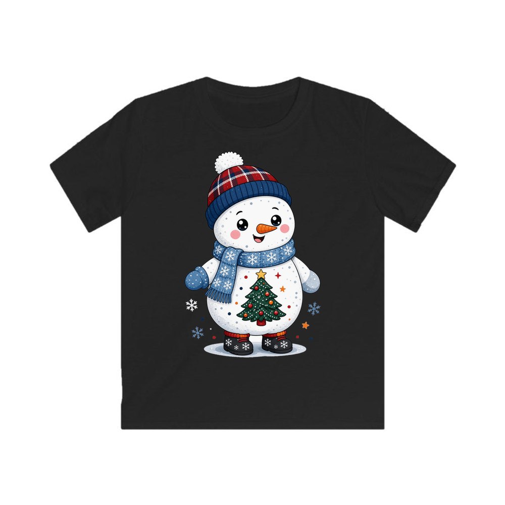 Little Snowman in a Beanie personalised kids Christmas tee in black