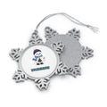 Little Snowman in a Beanie personalised pewter snowflake Christmas ornament, front and back, with a name under the design