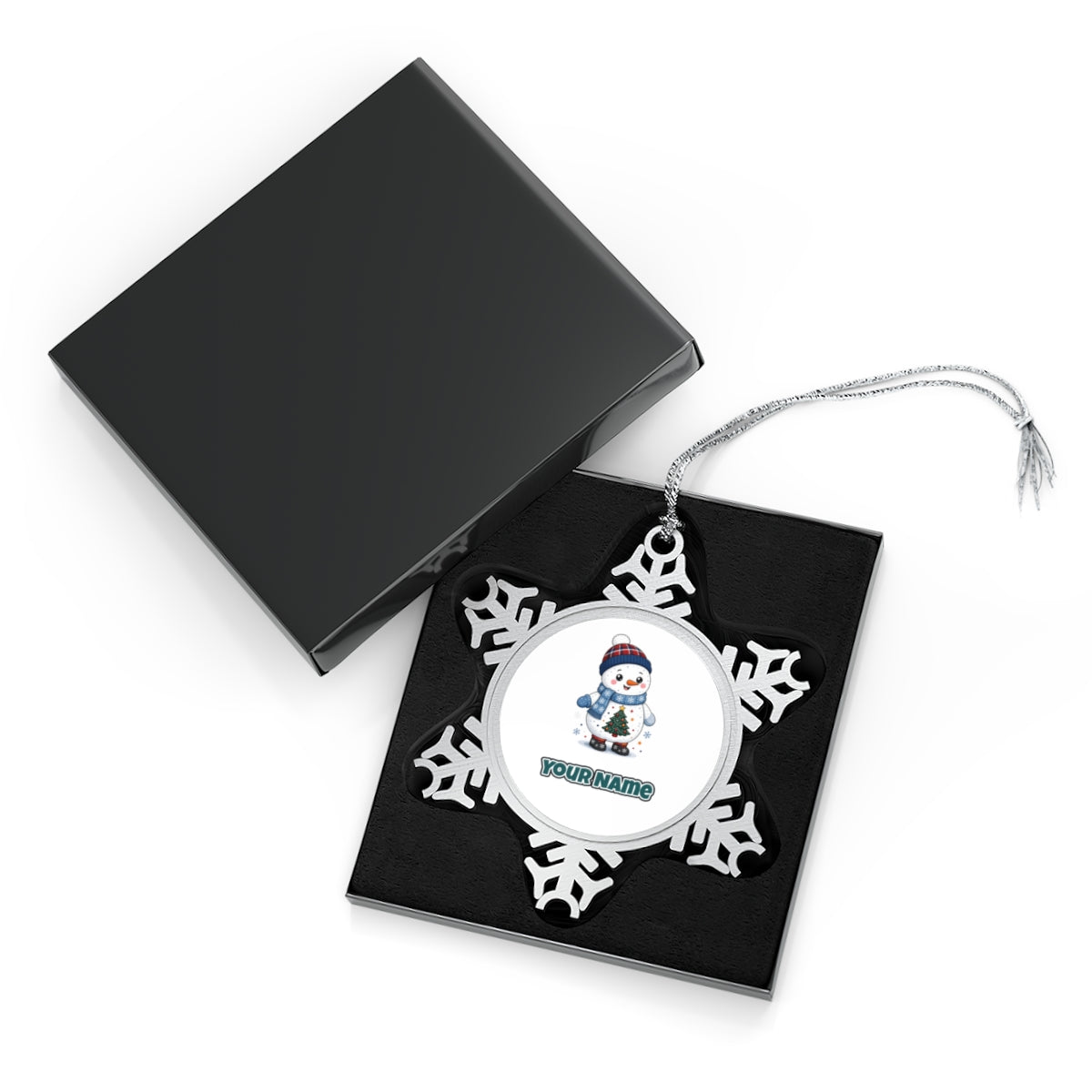 Little Snowman in a Beanie personalised Christmas ornament in its black gift box