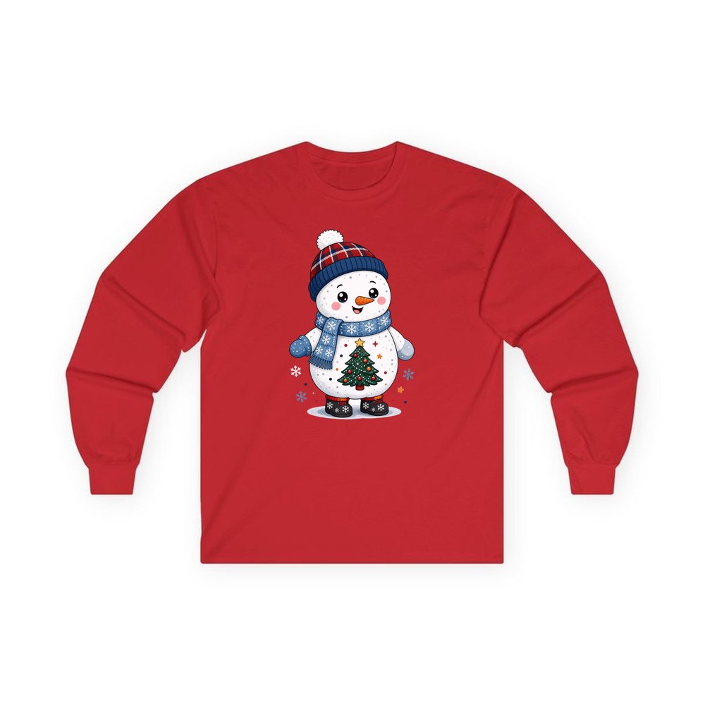 Little Snowman in a Beanie personalised long sleeve Christmas T-shirt in red