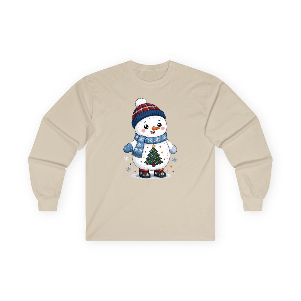 Little Snowman in a Beanie personalised long sleeve Christmas T-shirt in sand