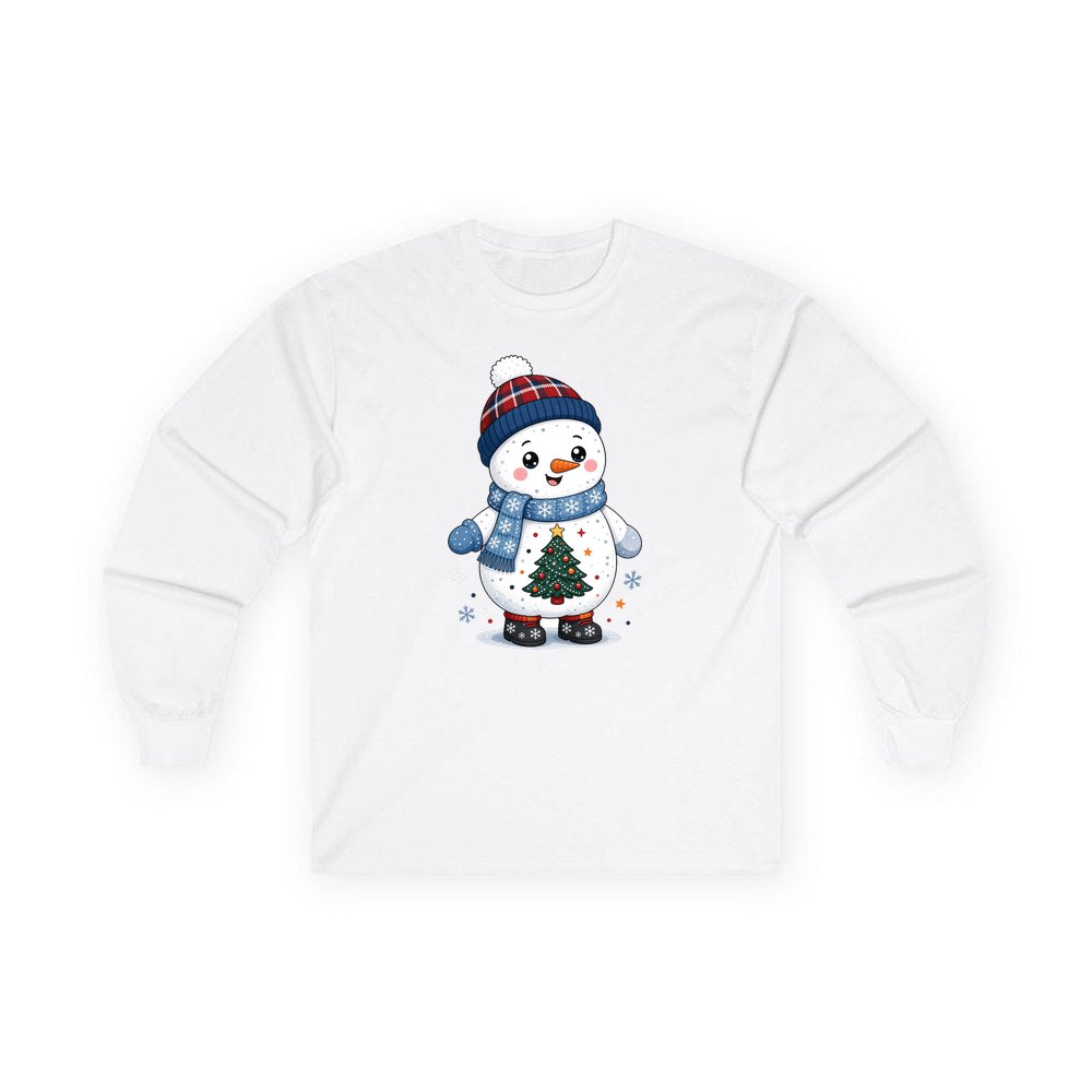 Little Snowman in a Beanie personalised long sleeve Christmas T-shirt in white