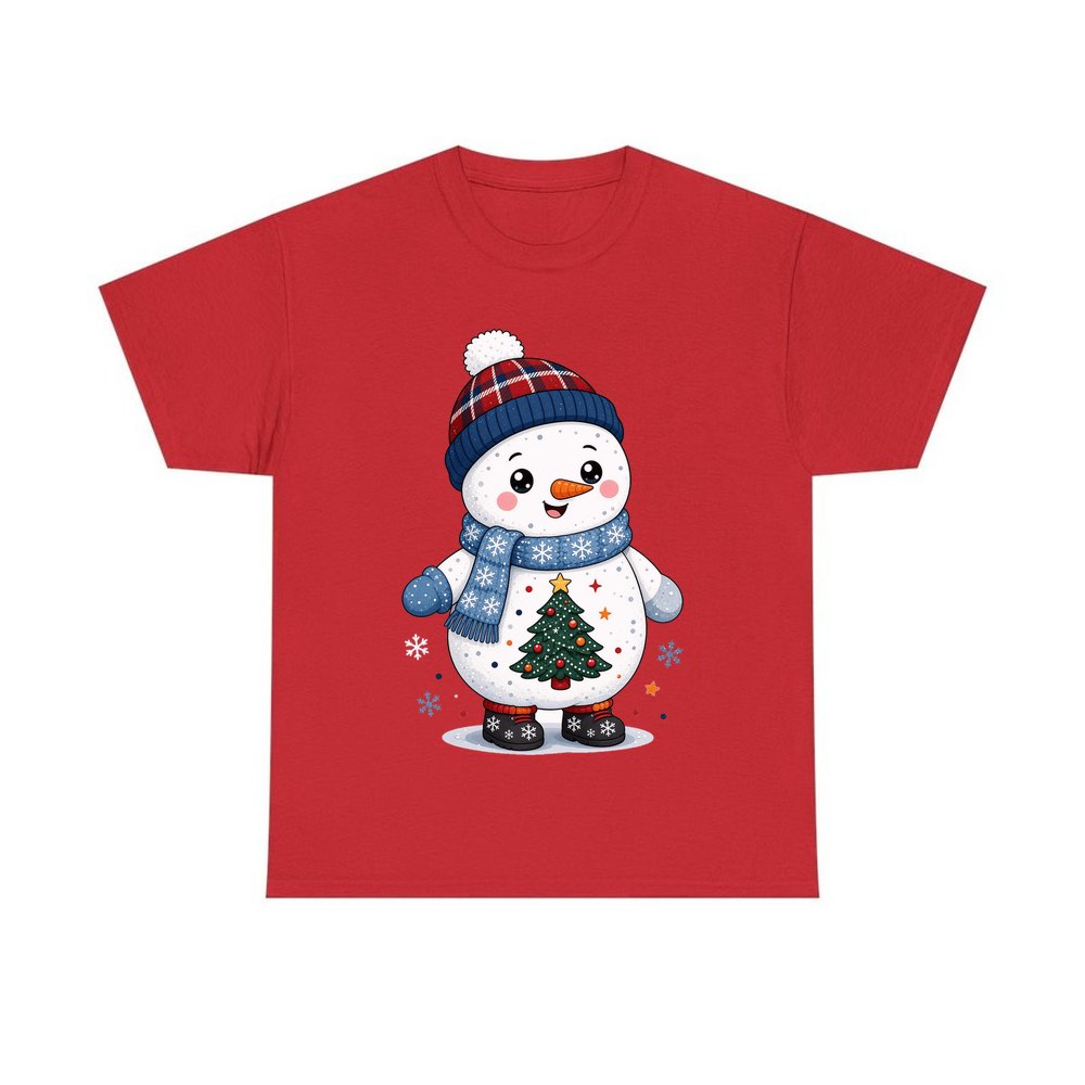 Little Snowman in a Beanie personalised Christmas T-shirt in red