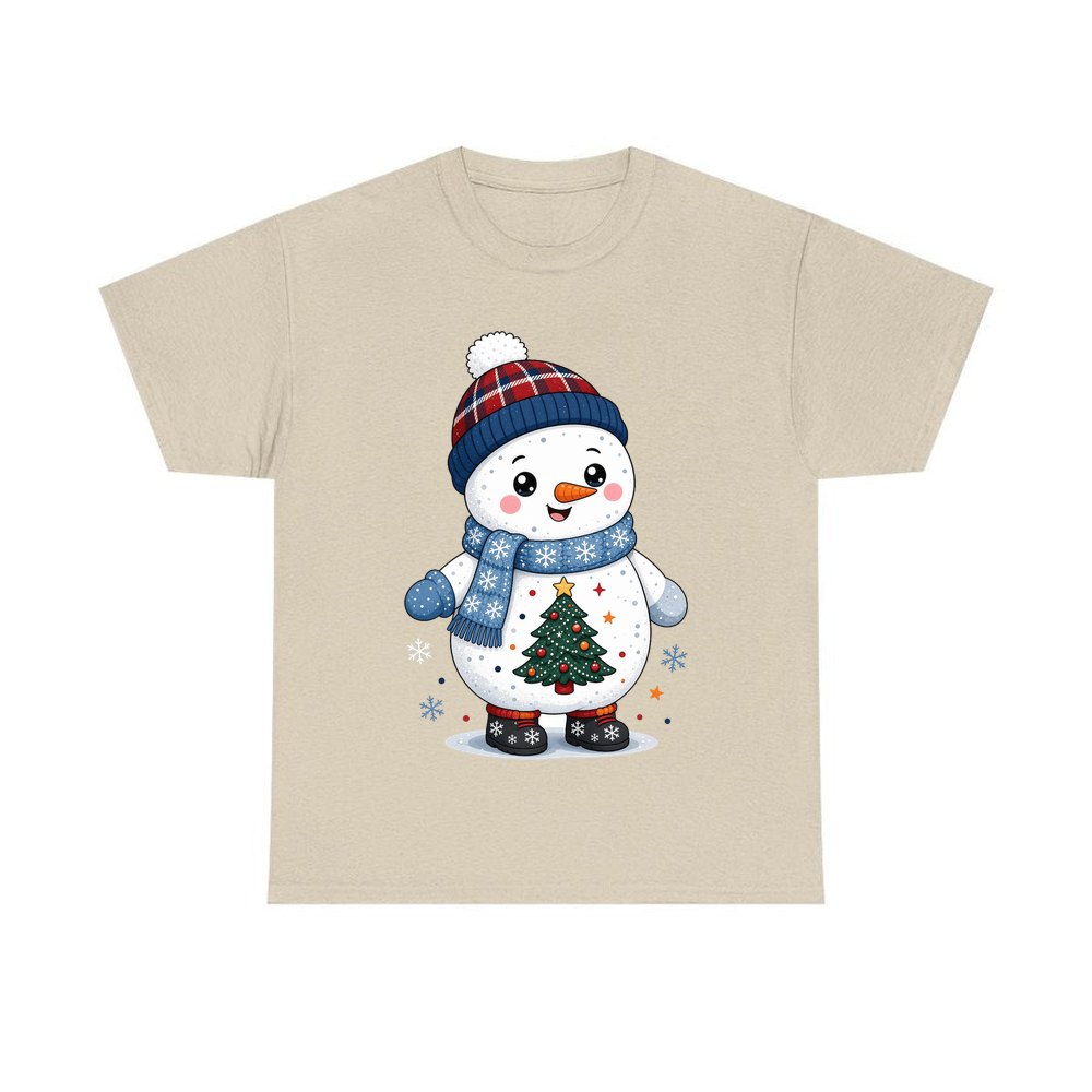Little Snowman in a Beanie personalised Christmas T-shirt in sand