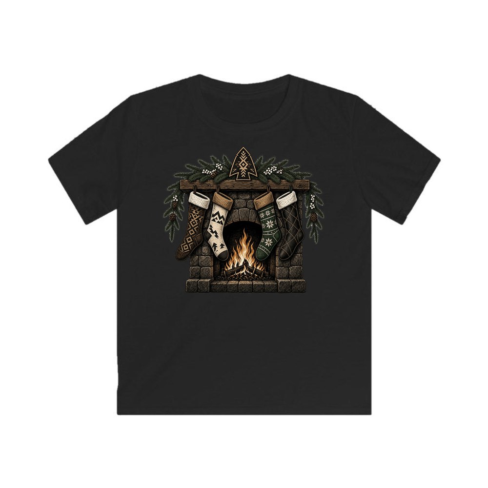 Lodge Fireplace and Stockings personalised kids Christmas tee in black