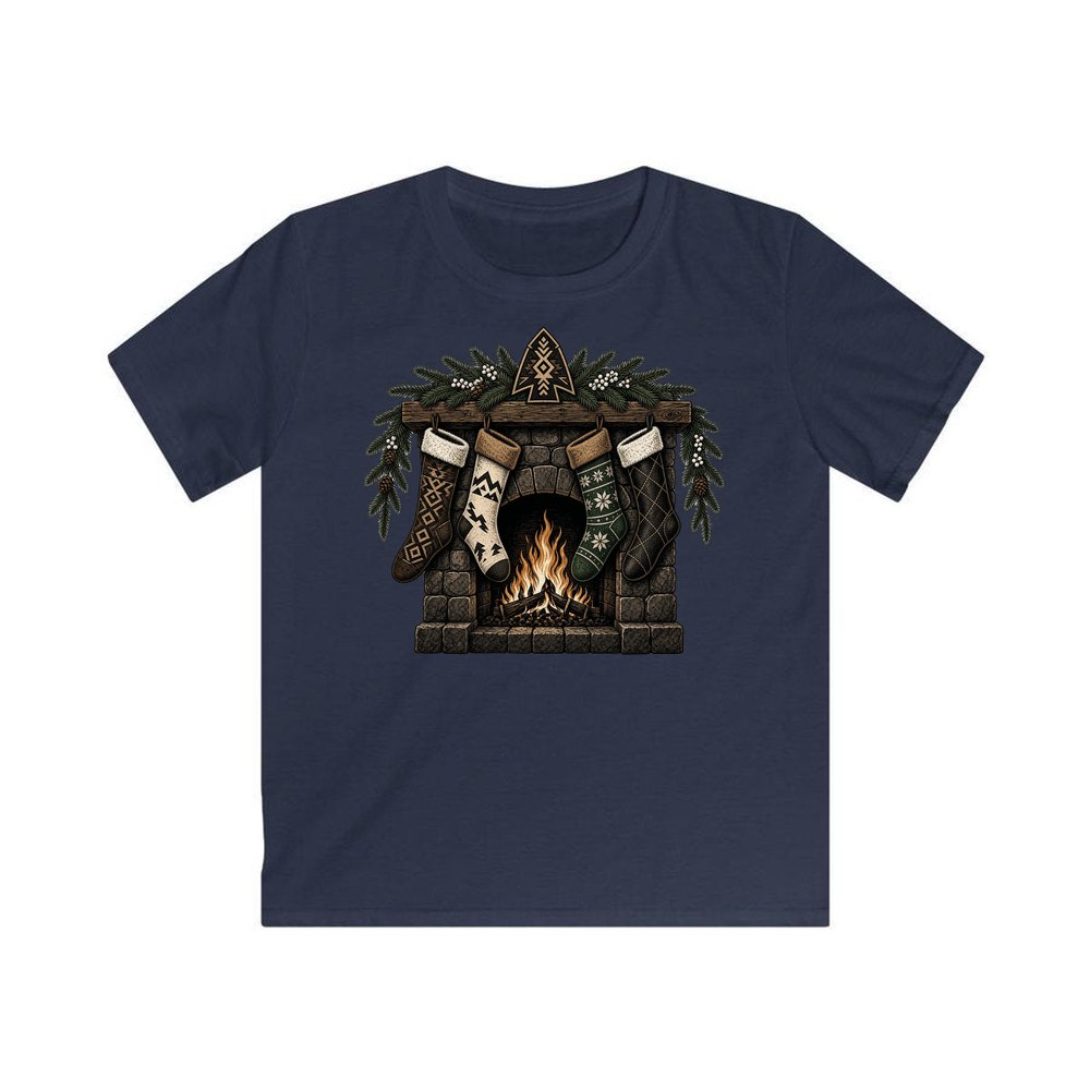 Lodge Fireplace and Stockings personalised kids Christmas tee in navy